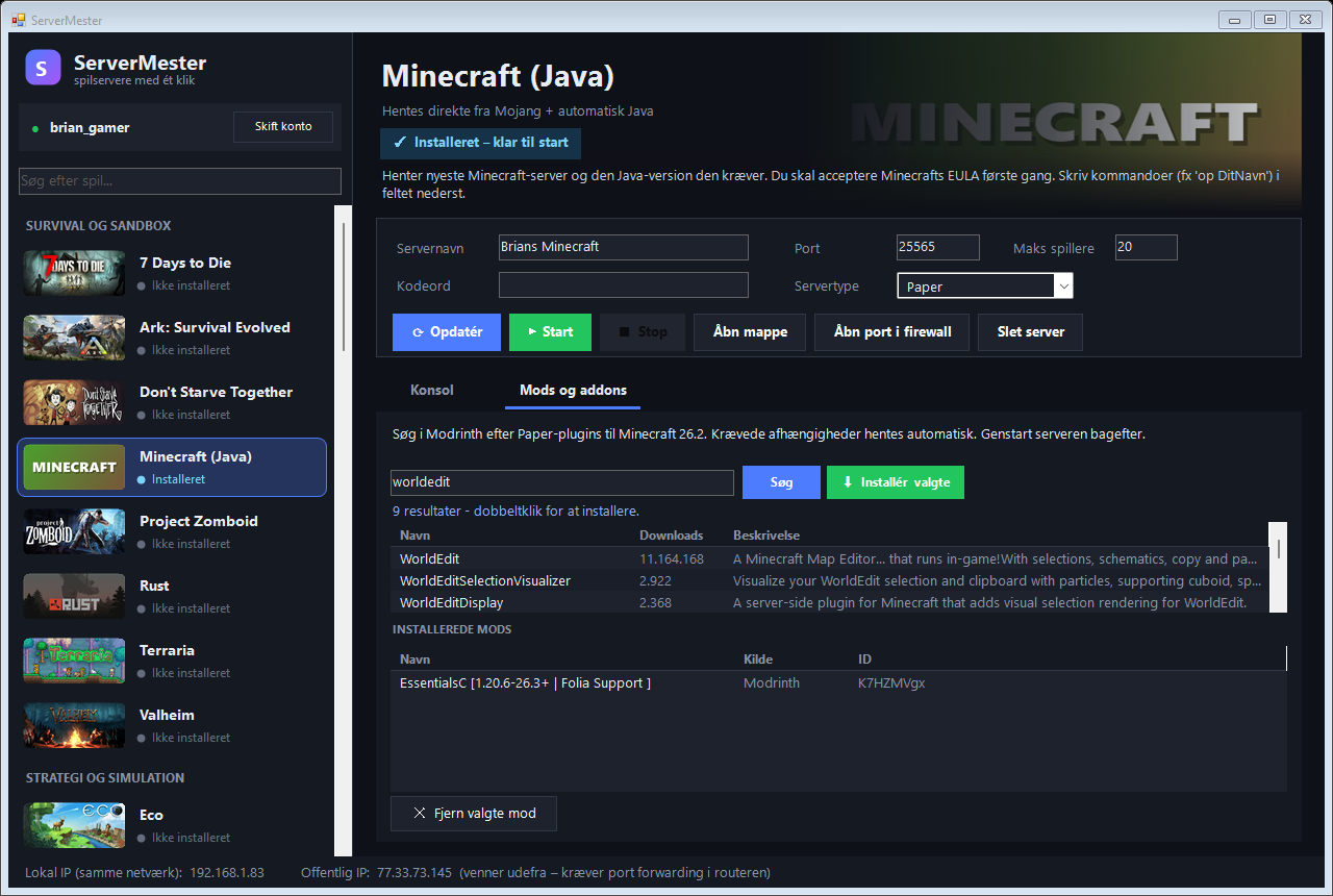 Mods-fanen i ServerMester med Minecraft valgt: søgefelt til Modrinth og en liste over installerede plugins