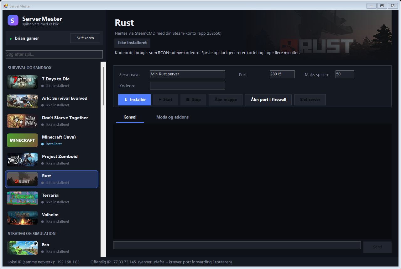 ServerMester med Rust valgt og spil-listen med billeder af 7 Days to Die, Ark, Don't Starve Together, Minecraft og flere